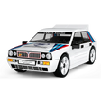 White COBI Lancia Delta HF Integrale model with red and blue graphics viewed from the front and side
