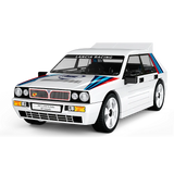 White COBI Lancia Delta HF Integrale model with red and blue graphics viewed from the front and side