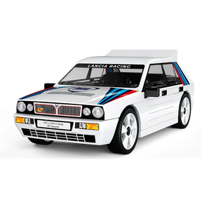 White COBI Lancia Delta HF Integrale model with red and blue graphics viewed from the front and side