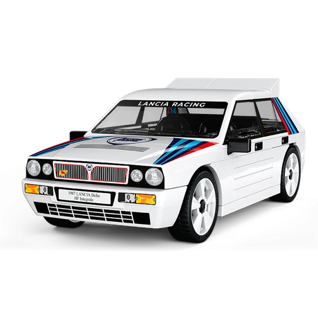 White COBI Lancia Delta HF Integrale model with red and blue graphics viewed from the front and side