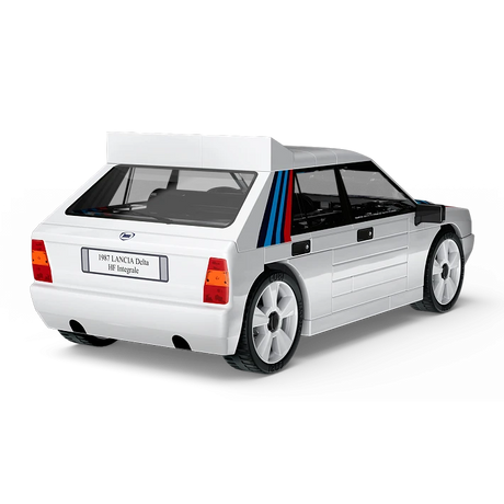 White COBI Lancia Delta HF Integrale model with red and blue graphics viewed from the rear and side