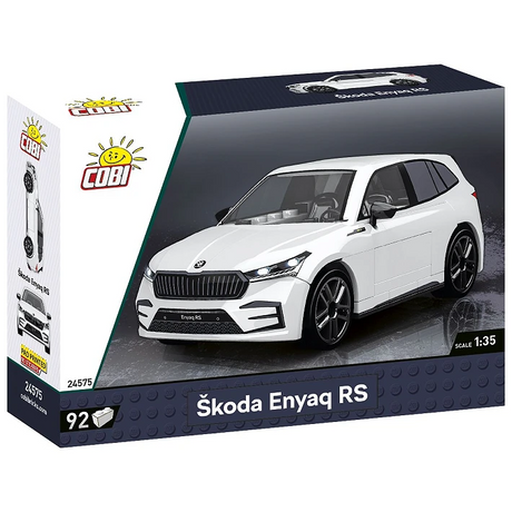 COBI Škoda Enyaq RS 92 piece building set box front with white model car
