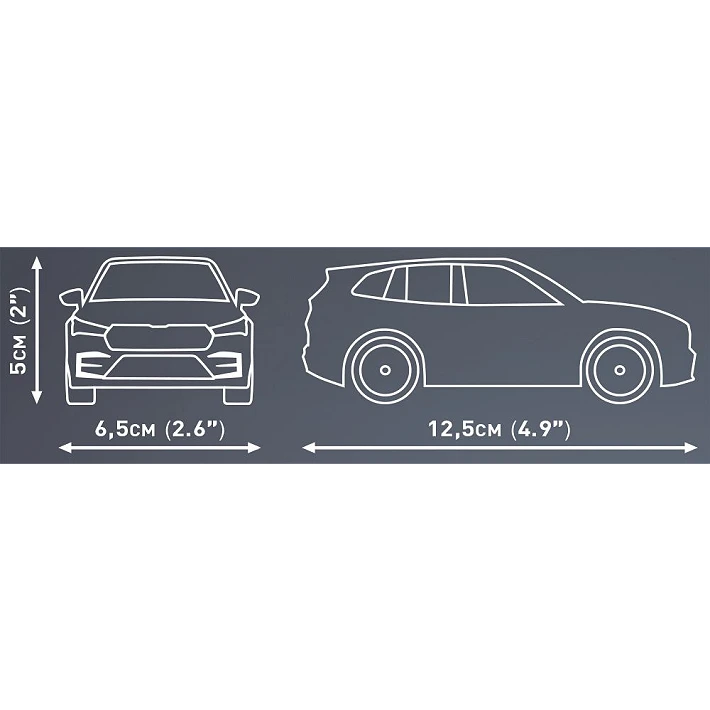 COBI Škoda Enyaq RS dimensions showing 12.5 cm length, 6.5 cm width and 5 cm height