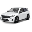 White COBI Škoda Enyaq RS building block model viewed from the front and side