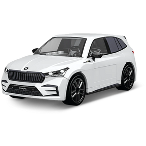 White COBI Škoda Enyaq RS building block model viewed from the front and side