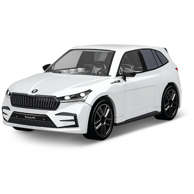 White COBI Škoda Enyaq RS building block model viewed from the front and side