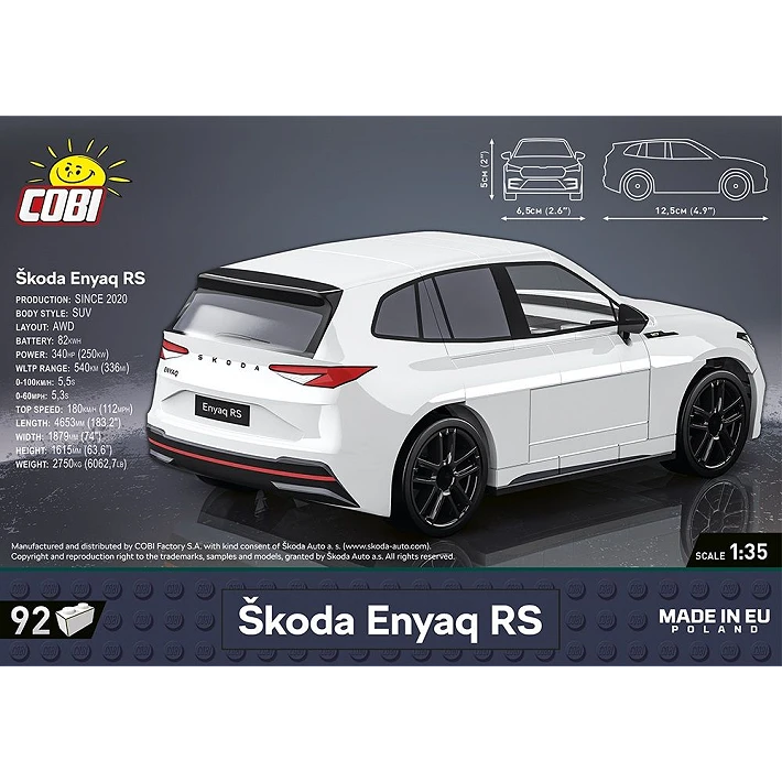 COBI Škoda Enyaq RS rear packaging panel with white model car and product details