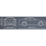 COBI Alfa Romeo Giulia Quadrifoglio dimensions showing 13 cm length, 6.5 cm width and 4 cm height