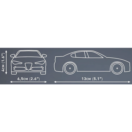 COBI Alfa Romeo Giulia Quadrifoglio dimensions showing 13 cm length, 6.5 cm width and 4 cm height