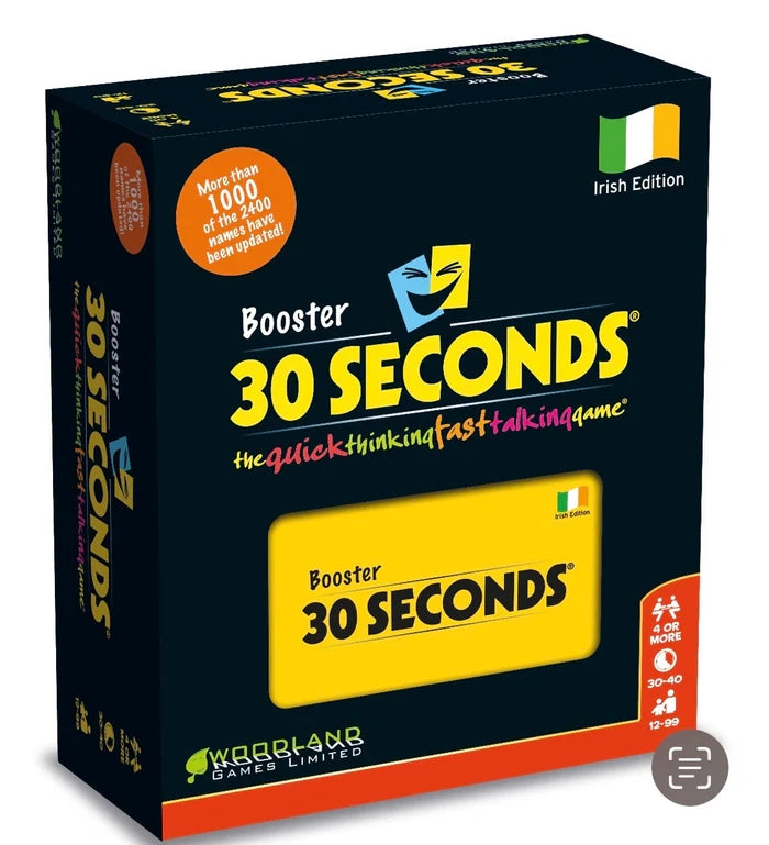 30 Seconds Booster Irish Edition box shown at an angle with dark green packaging, yellow 30 SECONDS logo, Irish flag badge and yellow booster card graphic on the front