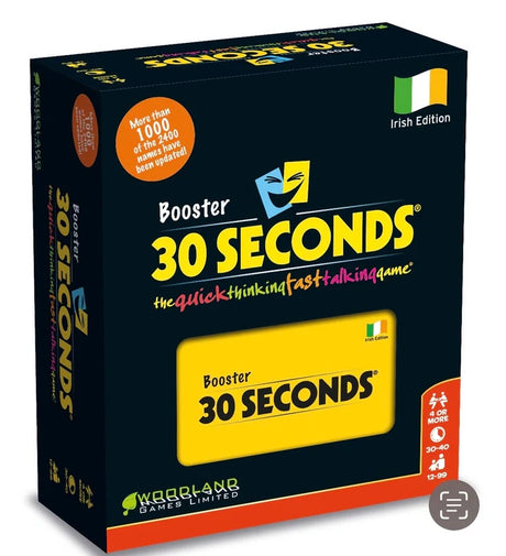 30 Seconds Booster Irish Edition box shown at an angle with dark green packaging, yellow 30 SECONDS logo, Irish flag badge and yellow booster card graphic on the front
