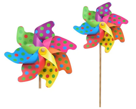 Two bright spotted pinwheel windmills with multicoloured blades
