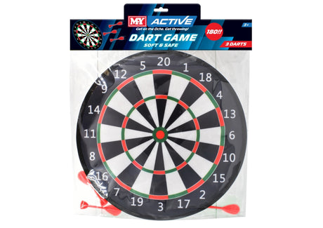 M.Y Active hook and loop dartboard game pack with black dartboard and 3 red soft darts