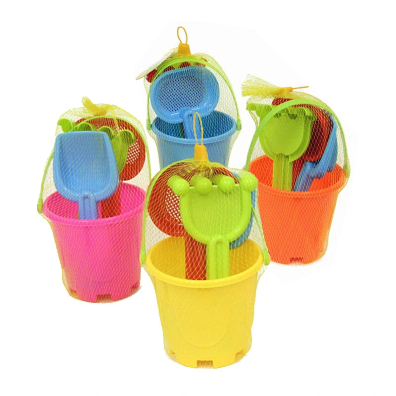 Four netted bucket sets in pink, blue, yellow and orange with matching sand tools on a plain background