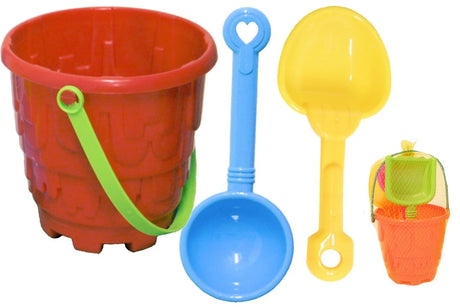 Red castle bucket with green handle, blue scoop, yellow spade and a small netted bucket set on a plain background