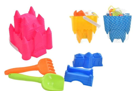 Pink castle bucket set with yellow bucket, blue mould, orange rake and green spade