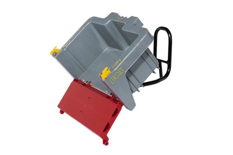 Rolly transport box tilted forward to display its smooth tipping action on a white background