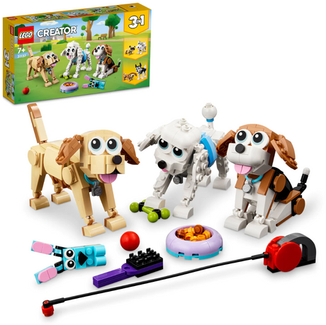 3in1 building set with box and three playful looking dogs