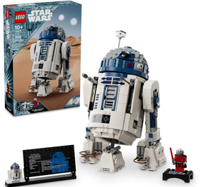 LEGO R2-D2 set with packaging and accessories on a white background