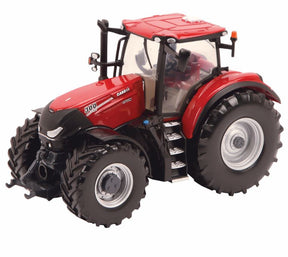 Front angled view of a red Britains Case IH Optum 300 CVX Tractor with silver wheels and black tyres on a white background.