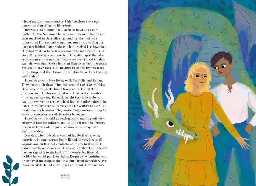 A Fairytale for Everyone illustrated book spread showing two characters standing in front of a large green dragon