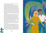 A Fairytale for Everyone illustrated book spread showing two characters standing in front of a large green dragon