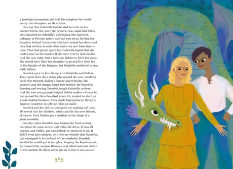 A Fairytale for Everyone illustrated book spread showing two characters standing in front of a large green dragon