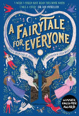 A Fairytale for Everyone book cover with illustrated fairytale characters, animals and an English PEN Award badge on a blue background