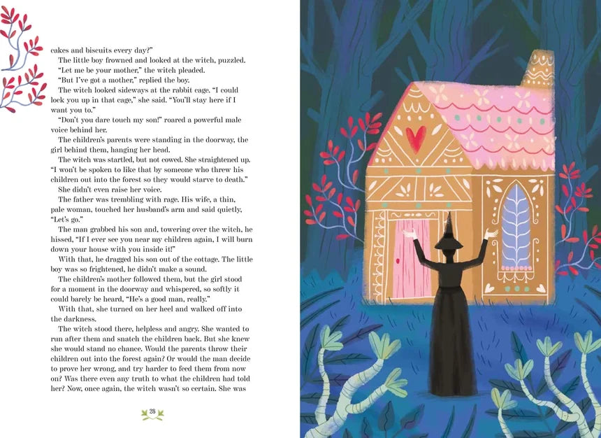 A Fairytale for Everyone illustrated book spread showing a dark-clothed figure outside a decorated gingerbread-style house in a forest