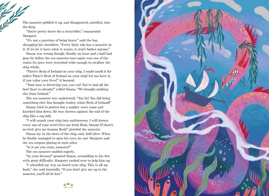 A Fairytale for Everyone illustrated book spread showing a sailing ship surrounded by a large pink and purple sea monster