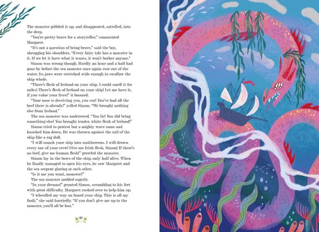 A Fairytale for Everyone illustrated book spread showing a sailing ship surrounded by a large pink and purple sea monster