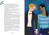 A Fairytale for Everyone illustrated book spread showing two characters holding hands, one in a dark suit with a red bow tie and one in a blue striped top 