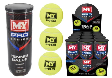 A Grade Tennis Ball in Pressurised Tube 3 Pack three tennis balls beside tube and display box