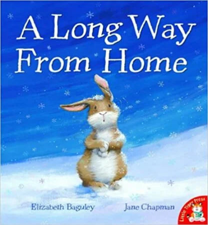 Detailed view of A Long Way From Home storybook cover with rabbit under falling snow