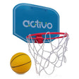 Activo Mini Basketball Set showing blue backboard, red hoop, white net and yellow basketball