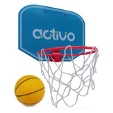 Activo Mini Basketball Set showing blue backboard, red hoop, white net and yellow basketball