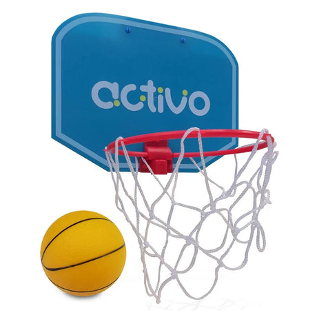 Activo Mini Basketball Set showing blue backboard, red hoop, white net and yellow basketball