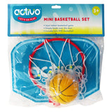 Activo Mini Basketball Set in retail packaging with backboard, hoop, net and yellow basketball