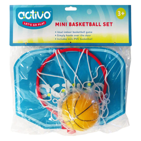 Activo Mini Basketball Set in retail packaging with backboard, hoop, net and yellow basketball