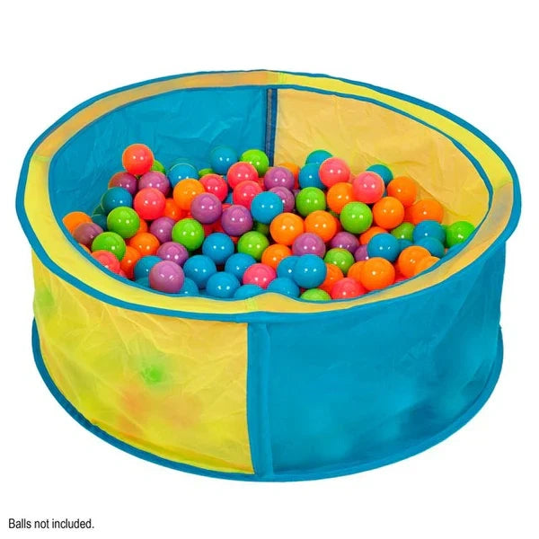 Activo pop up ball pit shown assembled with blue and yellow fabric panels filled with colourful plastic balls, note stating balls not included
