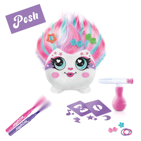 Hair’iffic Mini Posh plush doll with markers, airbrush pump, stencils and clips arranged on white – Ireland