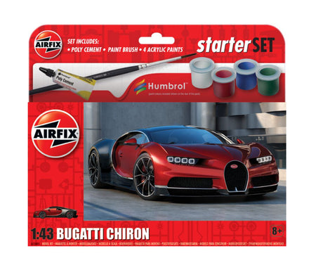 Airfix Bugatti Chiron Starter Set box showing red and black Bugatti Chiron artwork, Airfix branding, starter set contents icons, and 1:43 scale marking