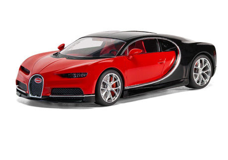 Assembled Airfix Bugatti Chiron model in red and black shown from a front three-quarter angle with chrome wheels and low front grille