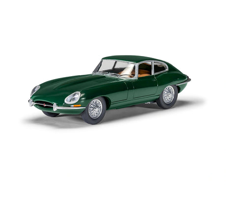 Dark green Jaguar E-Type model car with chrome bumpers, silver wire wheels and tan interior shown from a front three quarter angle on a white background