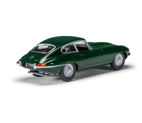 Dark green Jaguar E-Type model car shown from a rear three quarter angle with E-TYPE rear plate, red and amber rear lights, chrome bumper and silver wire wheels on a white background
