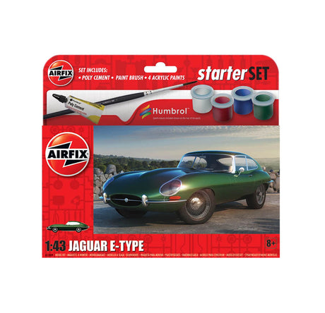 Airfix Starter Set Jaguar E-Type box packaging showing Airfix and Humbrol branding, green Jaguar E-Type artwork, poly cement, paint brush and four acrylic paints, with 1:43 scale and age 8+ markings