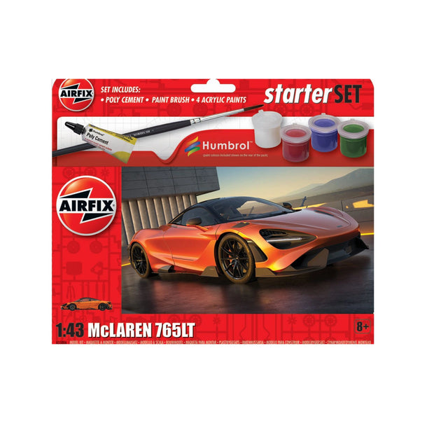 Airfix McLaren 765LT Starter Set box showing McLaren 765LT artwork, Airfix branding, Starter Set text and included paints, glue and brush pictured on the packaging