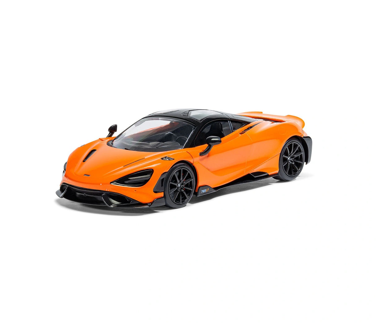 Assembled Airfix McLaren 765LT model shown from a front three quarter angle with low nose, sculpted front intakes and side profile visible on a white background