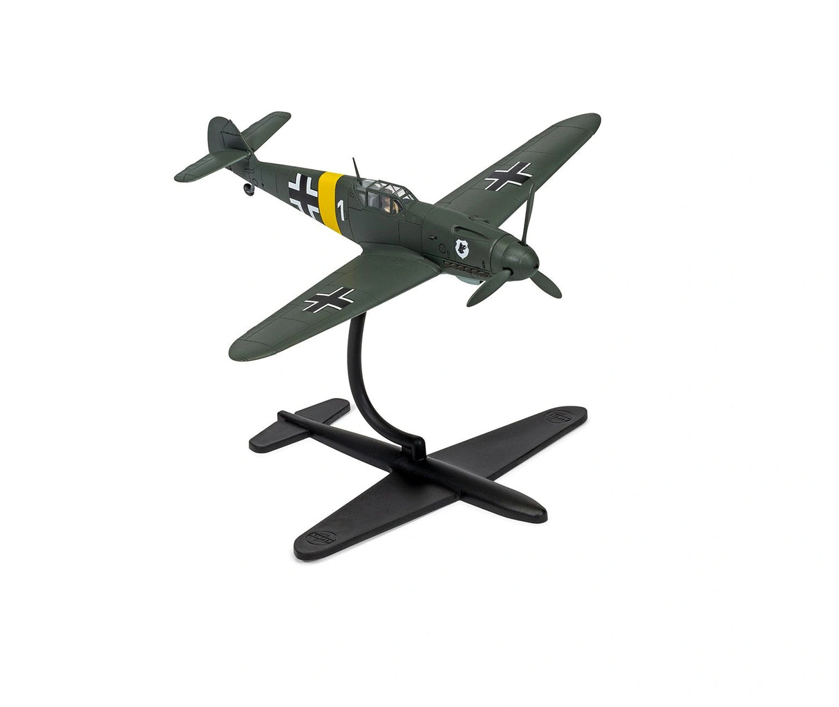 Messerschmitt Bf109F-4 model aircraft painted dark green with black and white cross markings and a yellow fuselage band, mounted on a black display stand against a white background