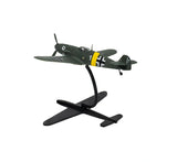 Messerschmitt Bf109F-4 model aircraft shown from a rear angled view with tail markings, camouflage finish and yellow fuselage band, mounted on a black display stand against a white background